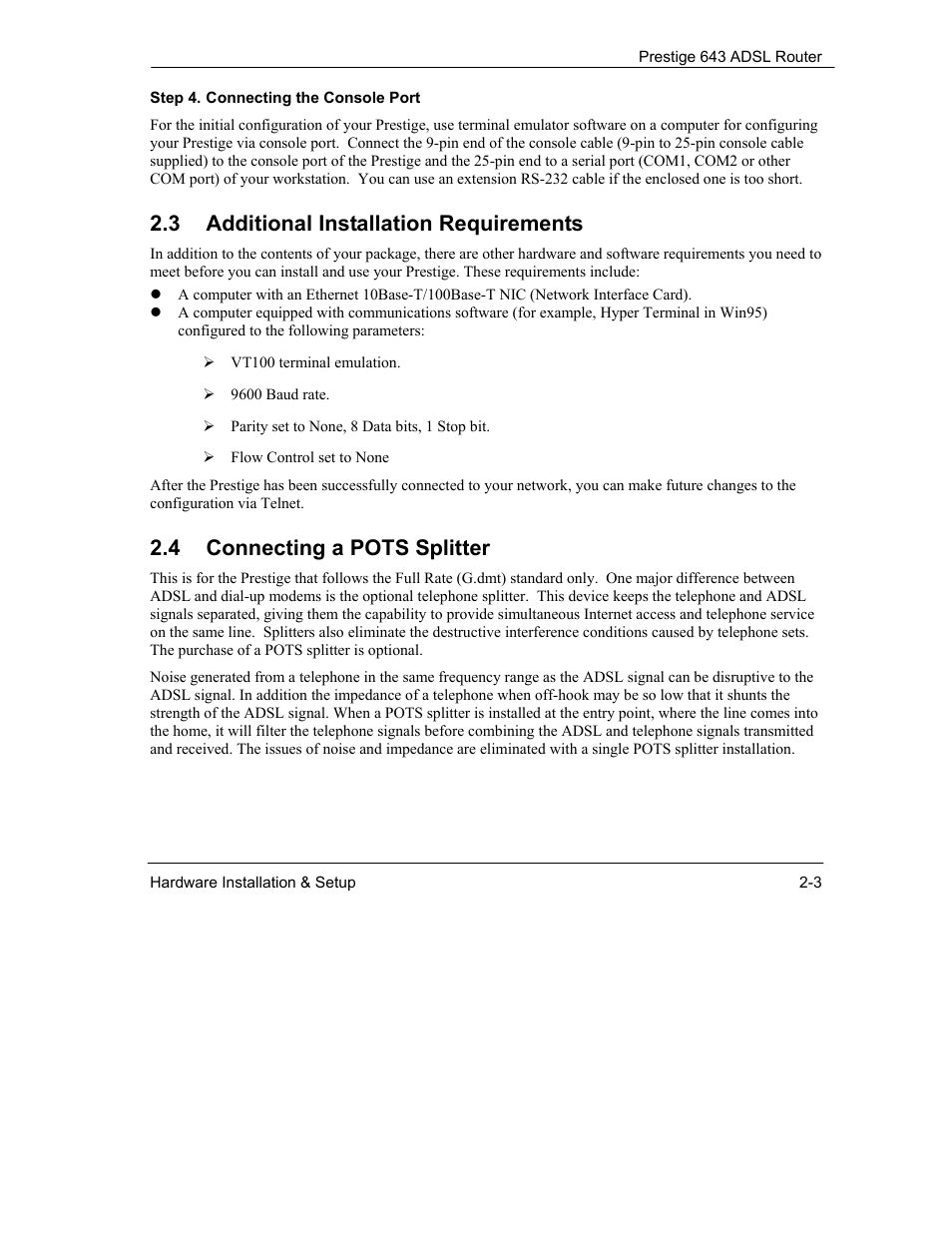 3 additional installation requirements, 4 connecting a pots splitter | ZyXEL Communications Prestige 643 User Manual | Page 33 / 179