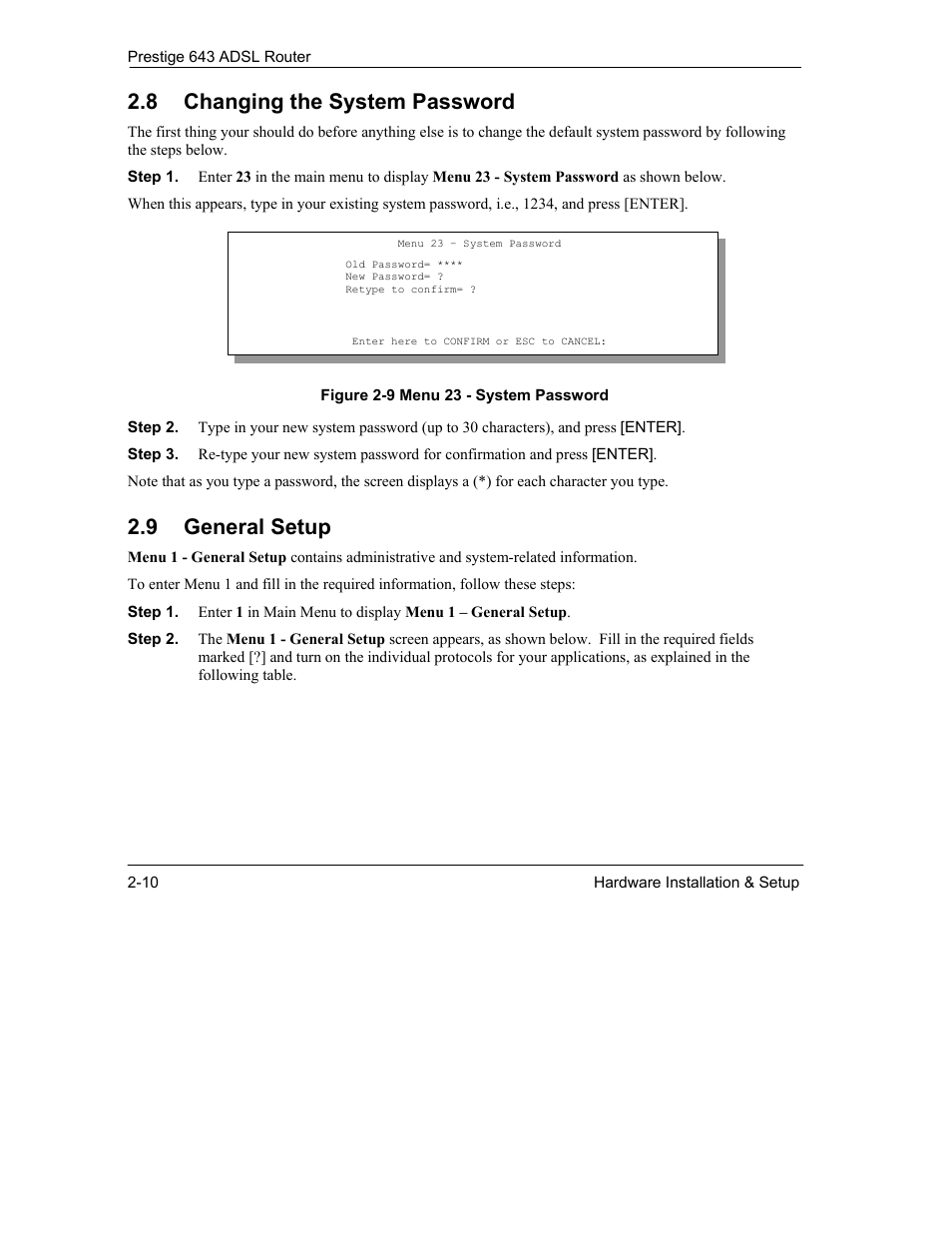 8 changing the system password, 9 general setup | ZyXEL Communications Prestige 643 User Manual | Page 40 / 179