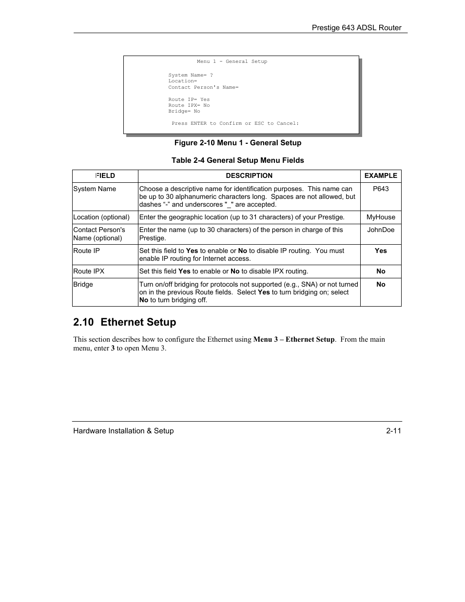 10 ethernet setup | ZyXEL Communications Prestige 643 User Manual | Page 41 / 179