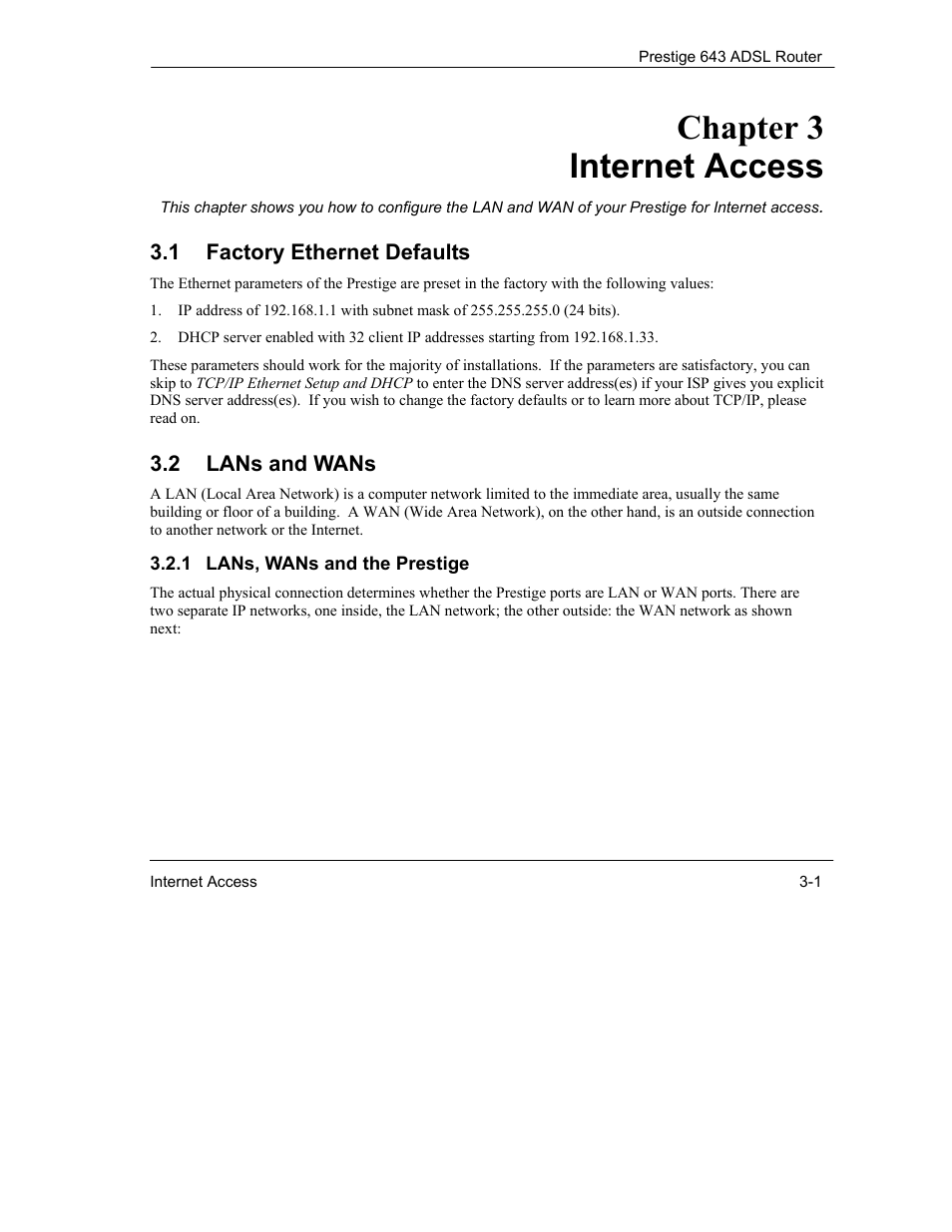 Internet access, Chapter 3 internet access | ZyXEL Communications Prestige 643 User Manual | Page 43 / 179