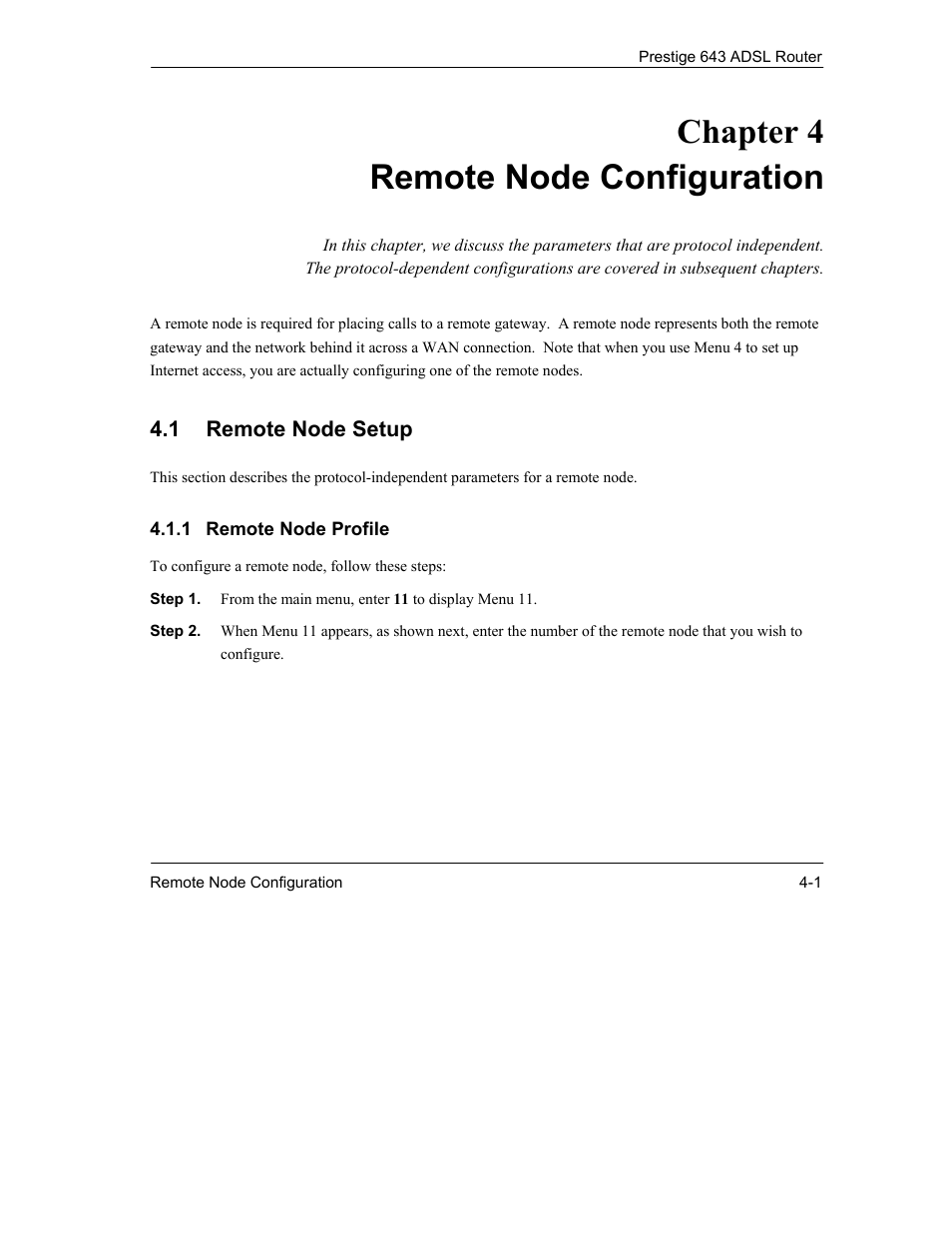 Remote node configuration, Chapter 4 remote node configuration, 1 remote node setup | ZyXEL Communications Prestige 643 User Manual | Page 65 / 179