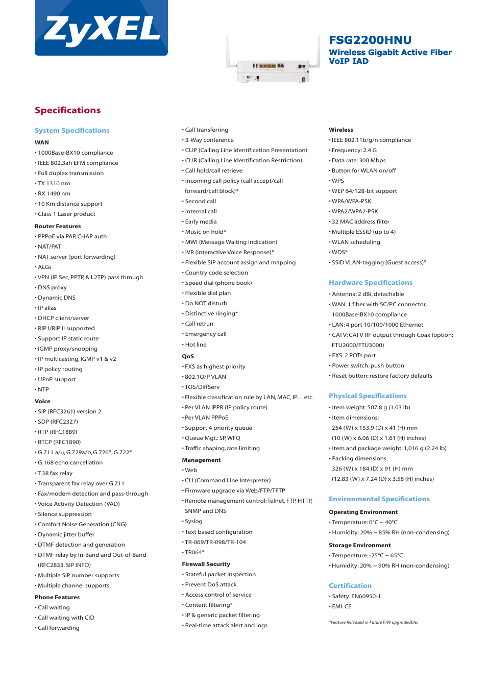 Fsg2200hnu, Specifications, Wireless gigabit active fiber voip iad | ZyXEL Communications FSG2200HNU User Manual | Page 2 / 4