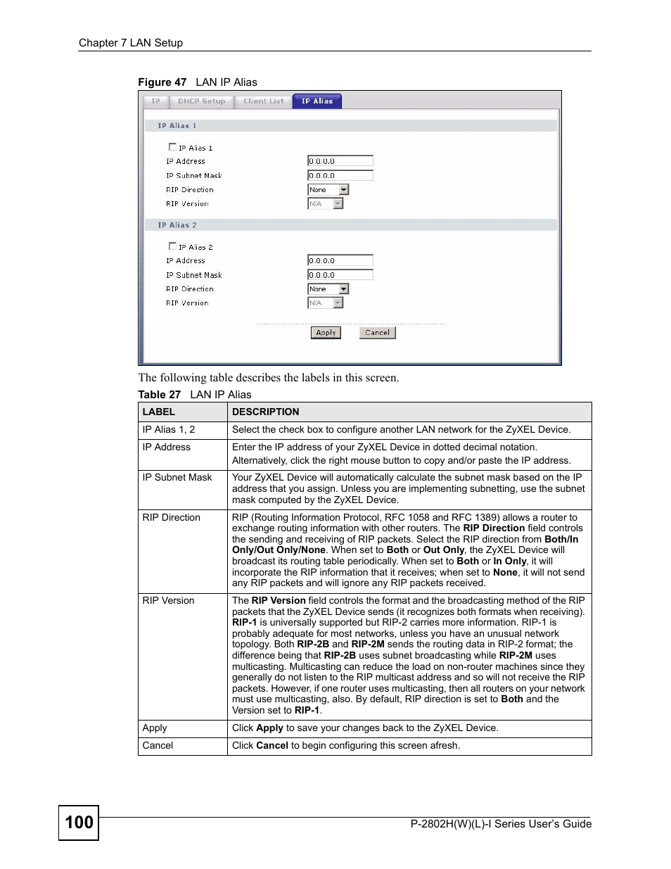 Figure 47 lan ip alias, Table 27 lan ip alias | ZyXEL Communications P-2802H(W)(L)-I Series User Manual | Page 100 / 418