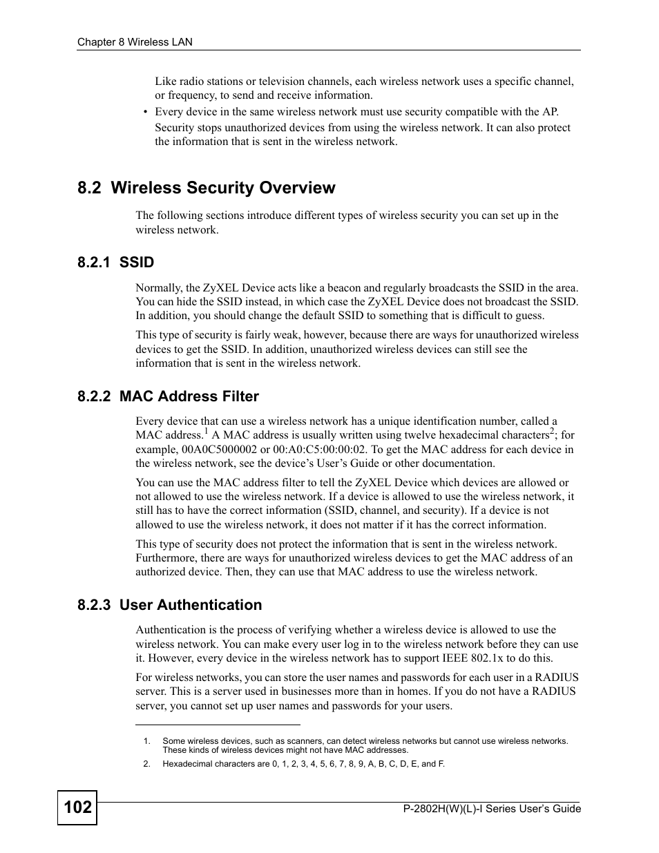 2 wireless security overview, 1 ssid, 2 mac address filter | 3 user authentication | ZyXEL Communications P-2802H(W)(L)-I Series User Manual | Page 102 / 418