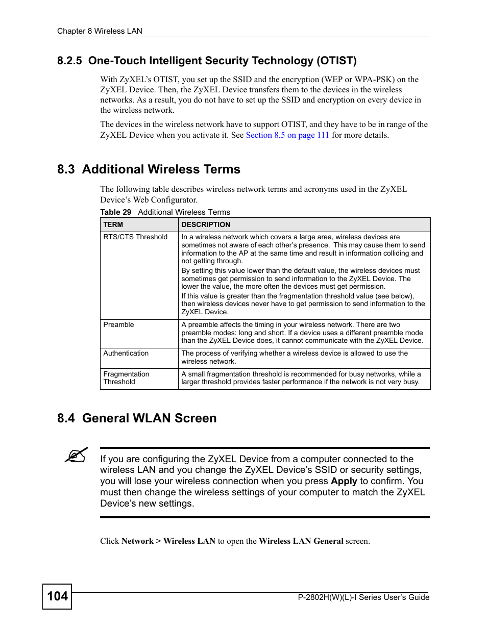 3 additional wireless terms, 4 general wlan screen, Table 29 additional wireless terms | ZyXEL Communications P-2802H(W)(L)-I Series User Manual | Page 104 / 418