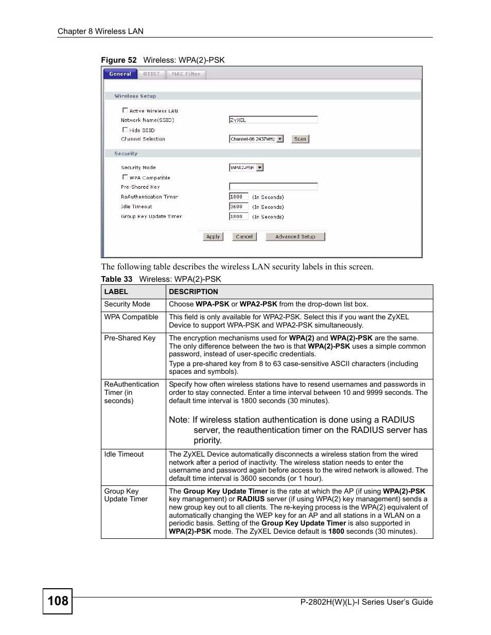 Figure 52 wireless: wpa(2)-psk, Table 33 wireless: wpa(2)-psk | ZyXEL Communications P-2802H(W)(L)-I Series User Manual | Page 108 / 418