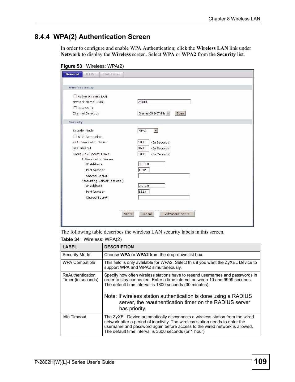 4 wpa(2) authentication screen, Figure 53 wireless: wpa(2), Table 34 wireless: wpa(2) | ZyXEL Communications P-2802H(W)(L)-I Series User Manual | Page 109 / 418