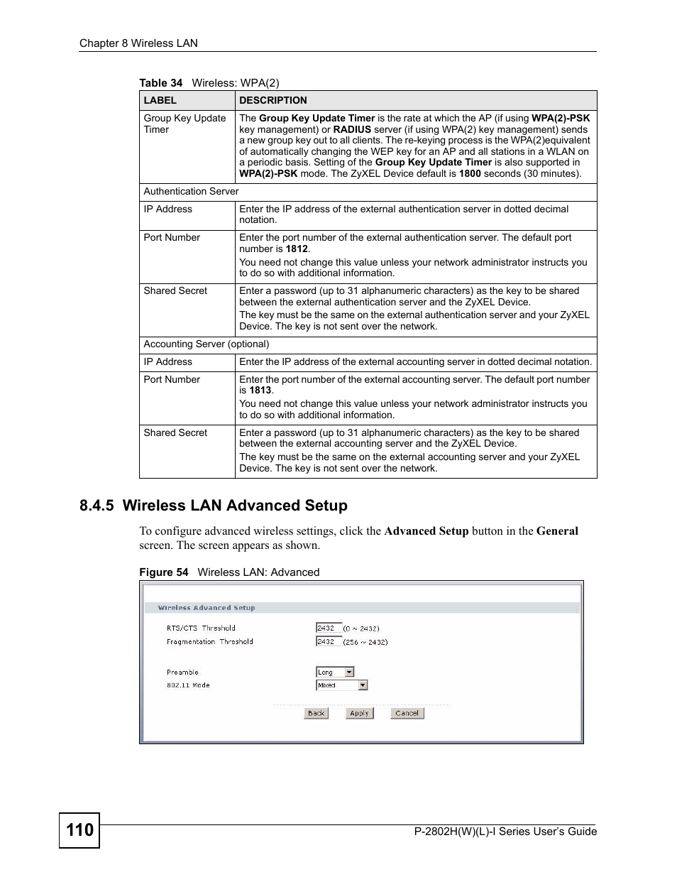 5 wireless lan advanced setup, Figure 54 wireless lan: advanced | ZyXEL Communications P-2802H(W)(L)-I Series User Manual | Page 110 / 418