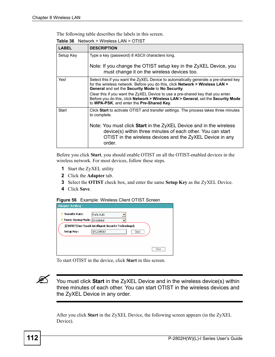 Figure 56 example: wireless client otist screen, Table 36 network > wireless lan > otist | ZyXEL Communications P-2802H(W)(L)-I Series User Manual | Page 112 / 418