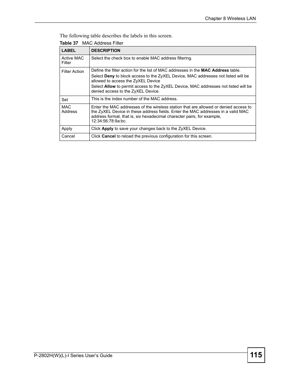 Table 37 mac address filter | ZyXEL Communications P-2802H(W)(L)-I Series User Manual | Page 115 / 418