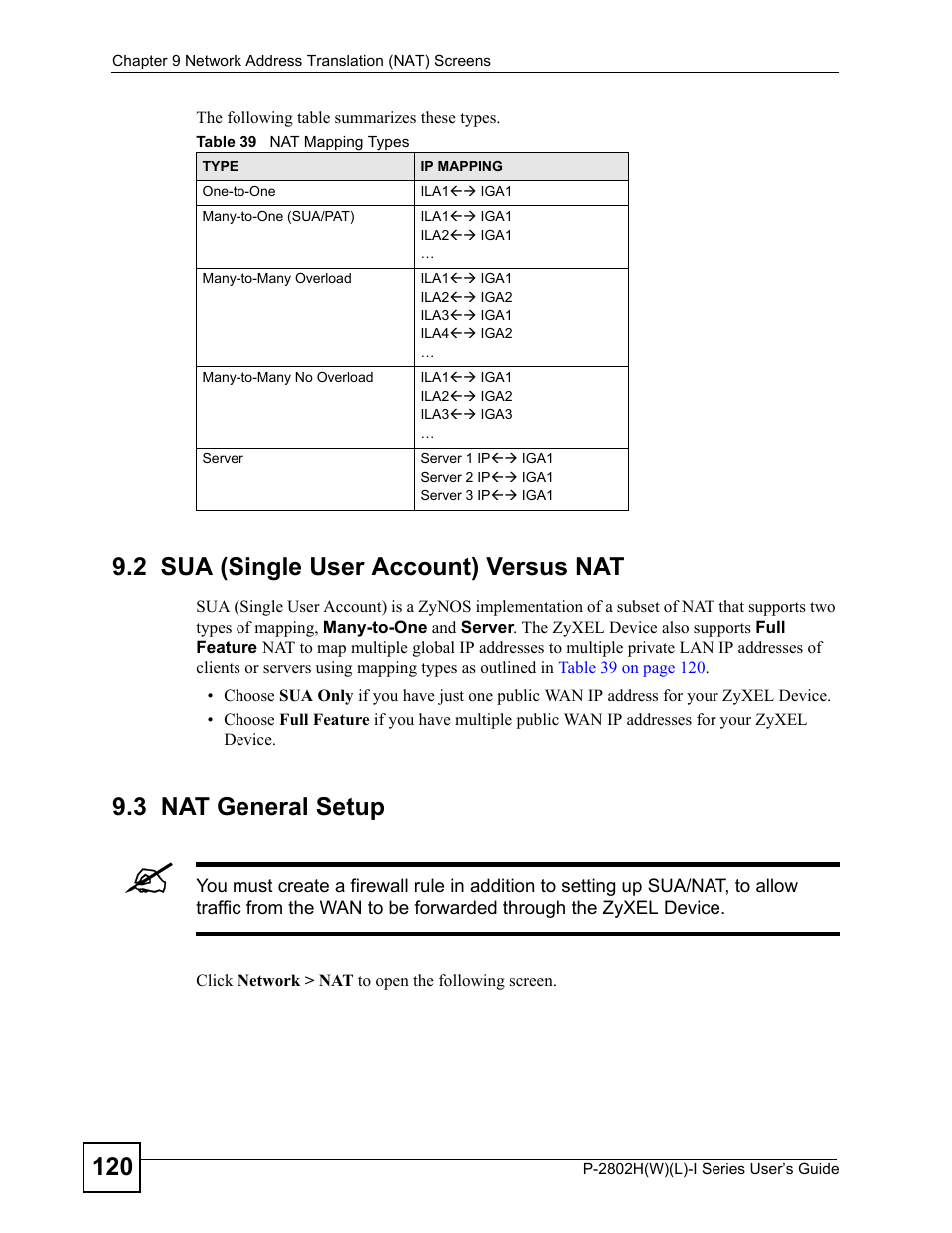 2 sua (single user account) versus nat, 3 nat general setup, Table 39 nat mapping types | ZyXEL Communications P-2802H(W)(L)-I Series User Manual | Page 120 / 418