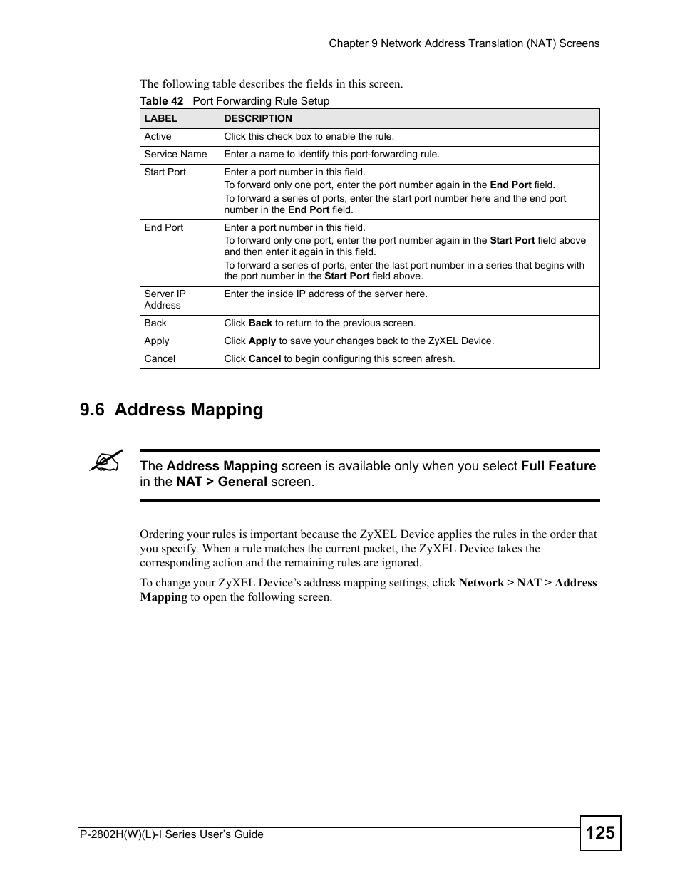 6 address mapping, Table 42 port forwarding rule setup | ZyXEL Communications P-2802H(W)(L)-I Series User Manual | Page 125 / 418