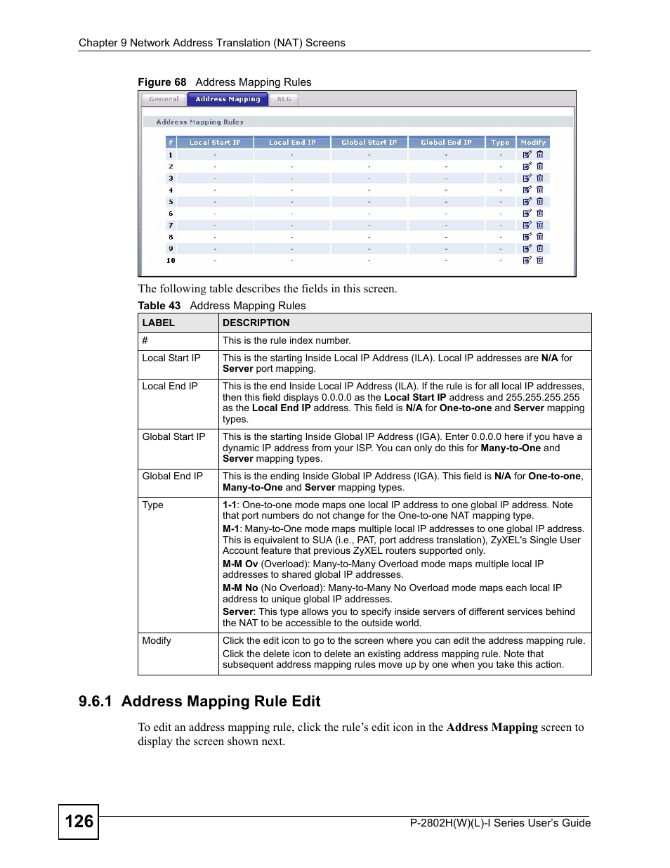 1 address mapping rule edit, Figure 68 address mapping rules, Table 43 address mapping rules | ZyXEL Communications P-2802H(W)(L)-I Series User Manual | Page 126 / 418