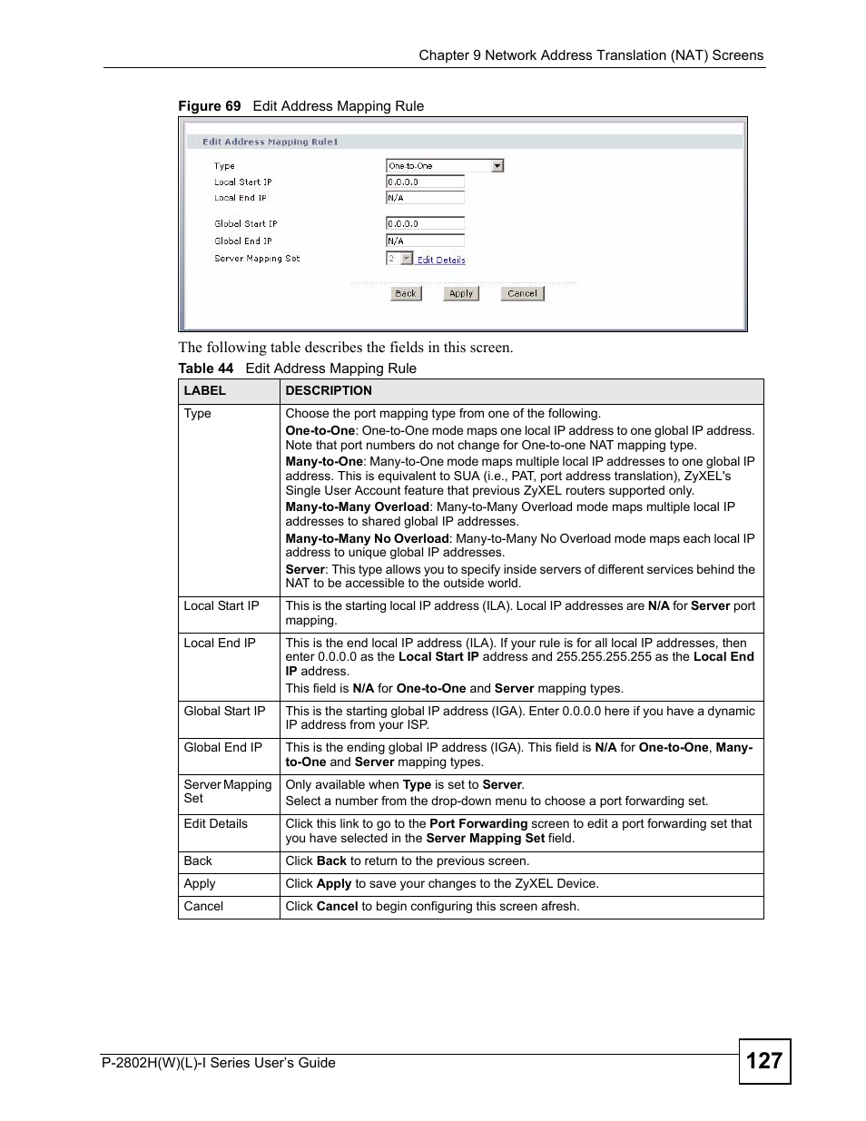 Figure 69 edit address mapping rule, Table 44 edit address mapping rule | ZyXEL Communications P-2802H(W)(L)-I Series User Manual | Page 127 / 418