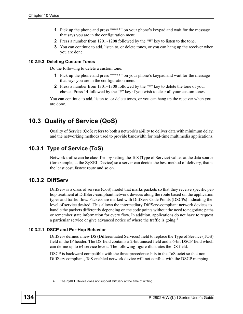 3 quality of service (qos), 1 type of service (tos), 2 diffserv | 1 type of service (tos) 10.3.2 diffserv | ZyXEL Communications P-2802H(W)(L)-I Series User Manual | Page 134 / 418