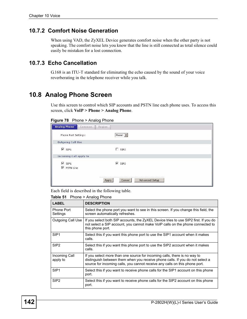 2 comfort noise generation, 3 echo cancellation, 8 analog phone screen | Figure 78 phone > analog phone, Table 51 phone > analog phone | ZyXEL Communications P-2802H(W)(L)-I Series User Manual | Page 142 / 418