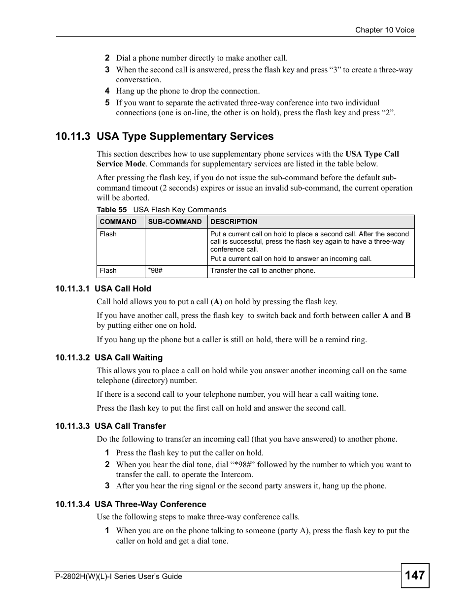 3 usa type supplementary services, Table 55 usa flash key commands | ZyXEL Communications P-2802H(W)(L)-I Series User Manual | Page 147 / 418