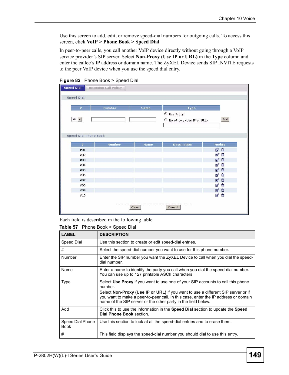 Figure 82 phone book > speed dial, Table 57 phone book > speed dial | ZyXEL Communications P-2802H(W)(L)-I Series User Manual | Page 149 / 418