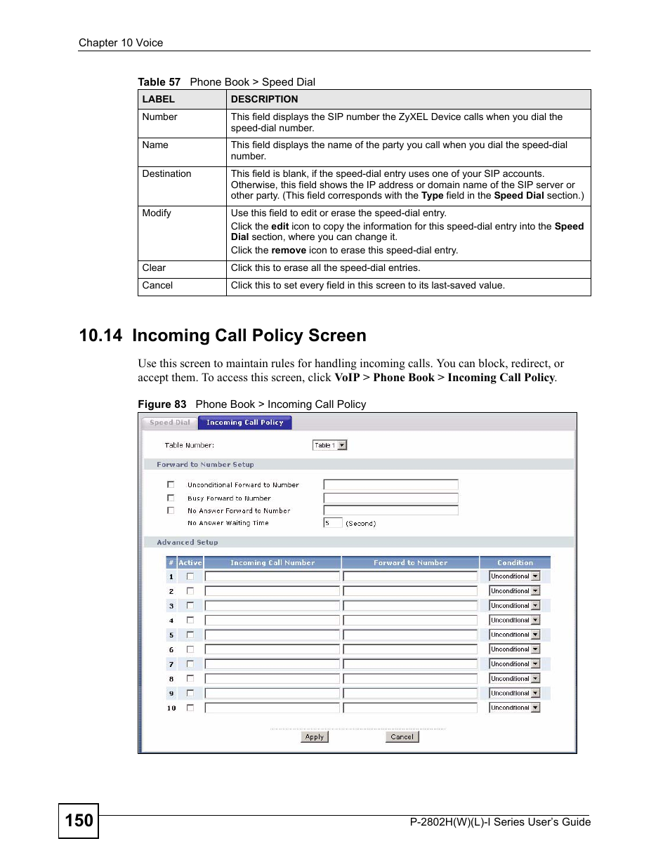 14 incoming call policy screen, Figure 83 phone book > incoming call policy | ZyXEL Communications P-2802H(W)(L)-I Series User Manual | Page 150 / 418