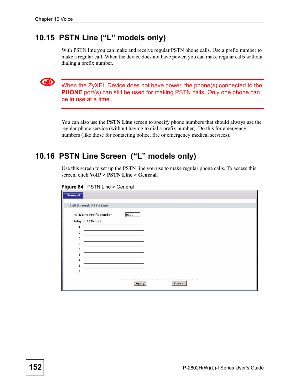 15 pstn line (“l” models only), 16 pstn line screen (“l” models only), Figure 84 pstn line > general | ZyXEL Communications P-2802H(W)(L)-I Series User Manual | Page 152 / 418