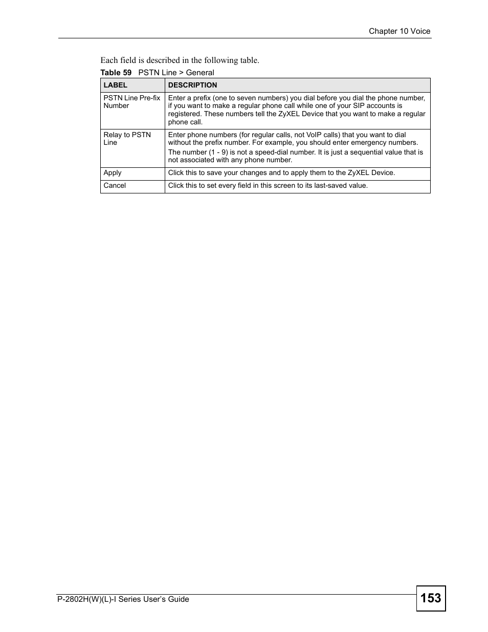 Table 59 pstn line > general | ZyXEL Communications P-2802H(W)(L)-I Series User Manual | Page 153 / 418