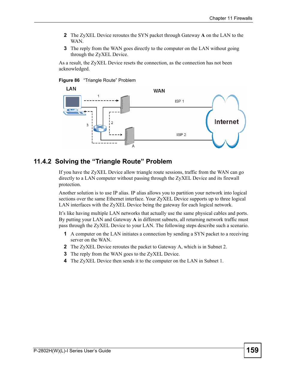 2 solving the “triangle route” problem, Figure 86 “triangle route” problem | ZyXEL Communications P-2802H(W)(L)-I Series User Manual | Page 159 / 418