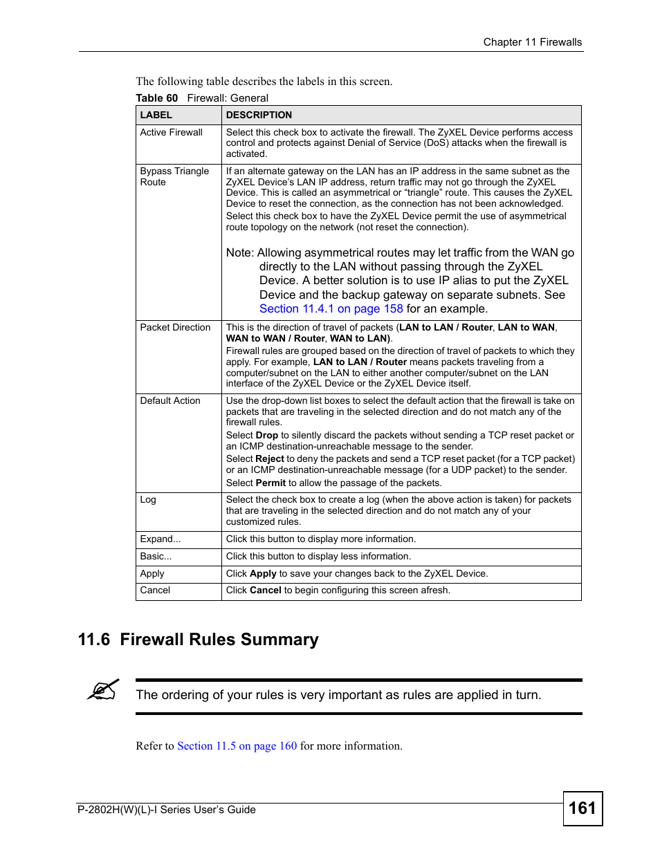 6 firewall rules summary, Table 60 firewall: general | ZyXEL Communications P-2802H(W)(L)-I Series User Manual | Page 161 / 418