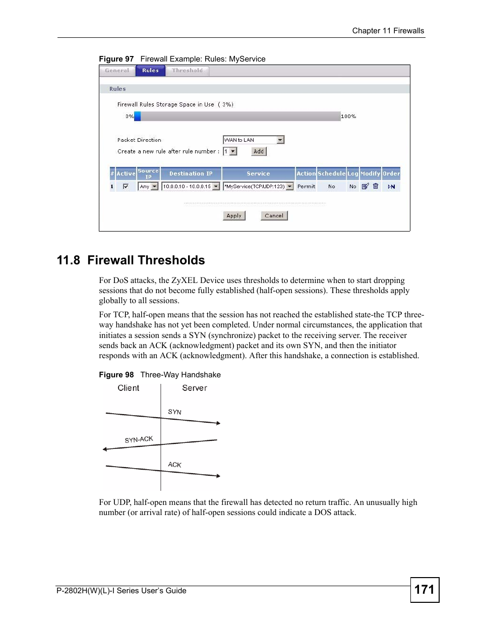 8 firewall thresholds | ZyXEL Communications P-2802H(W)(L)-I Series User Manual | Page 171 / 418