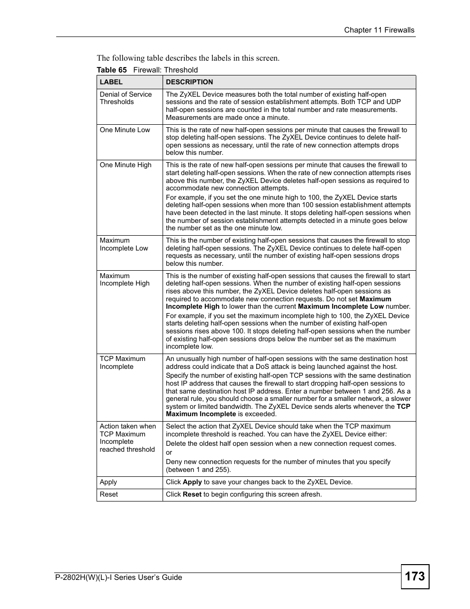 Table 65 firewall: threshold | ZyXEL Communications P-2802H(W)(L)-I Series User Manual | Page 173 / 418