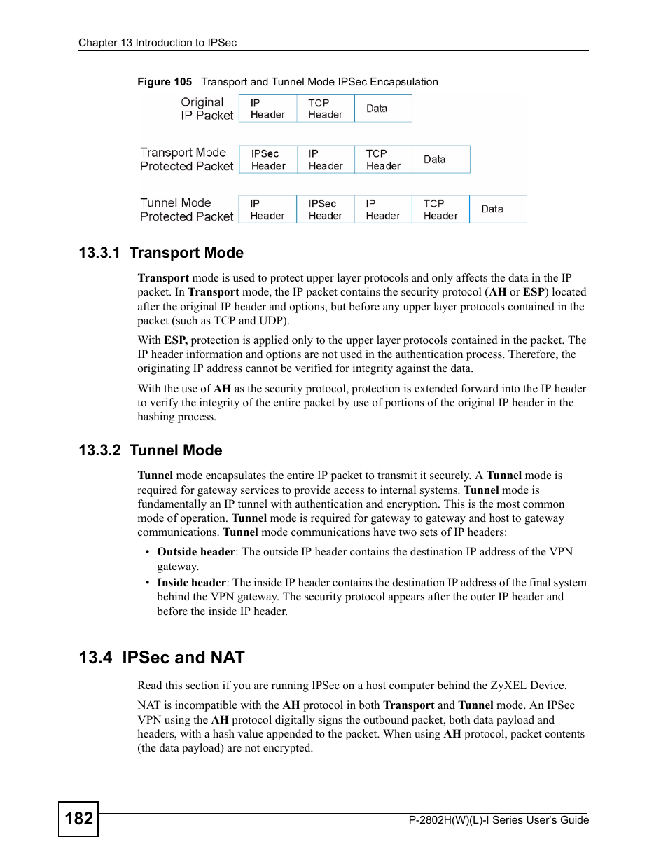 1 transport mode, 2 tunnel mode, 4 ipsec and nat | 1 transport mode 13.3.2 tunnel mode | ZyXEL Communications P-2802H(W)(L)-I Series User Manual | Page 182 / 418