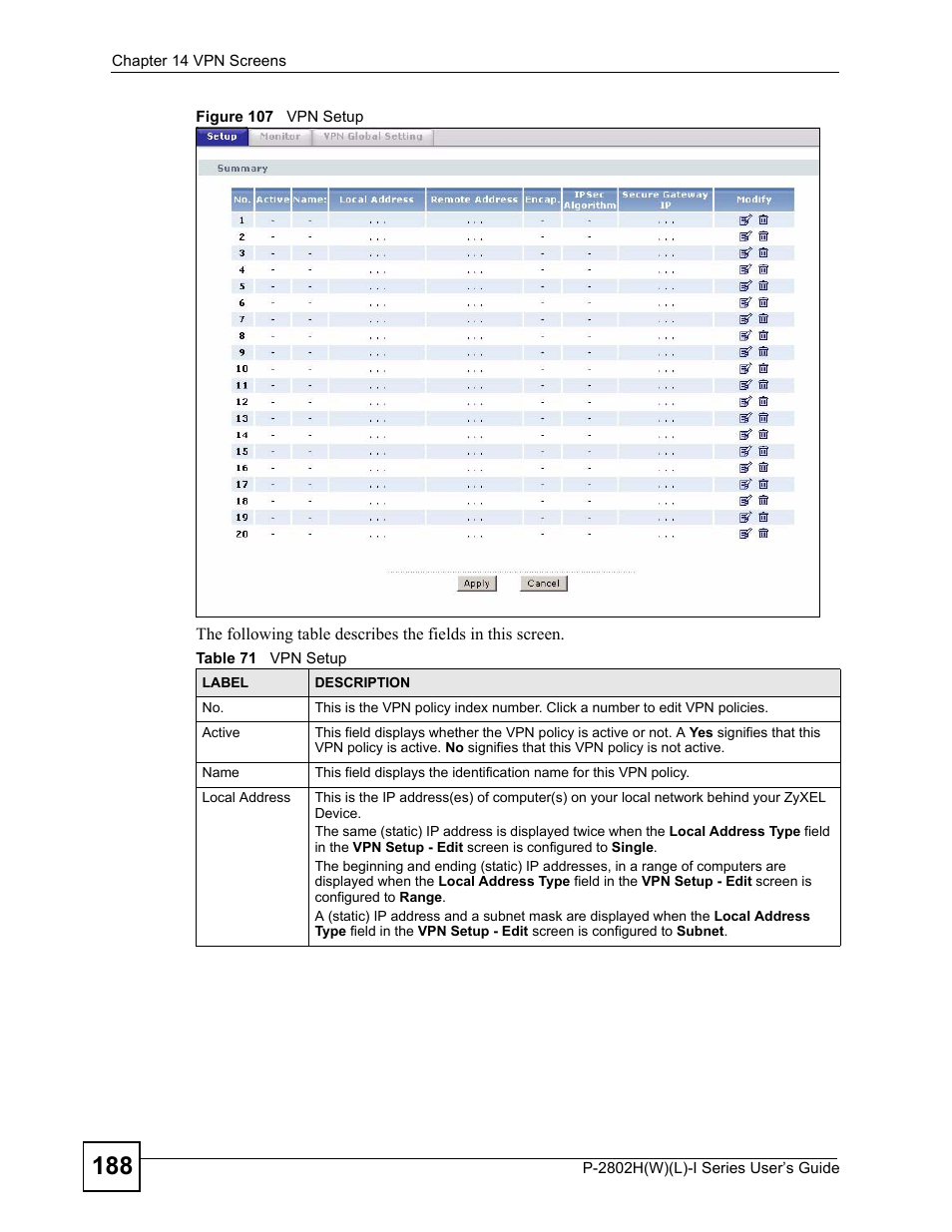 Figure 107 vpn setup, Table 71 vpn setup | ZyXEL Communications P-2802H(W)(L)-I Series User Manual | Page 188 / 418