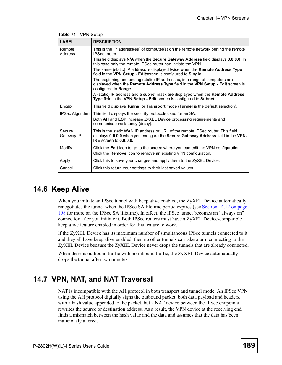 6 keep alive, 7 vpn, nat, and nat traversal, 6 keep alive 14.7 vpn, nat, and nat traversal | ZyXEL Communications P-2802H(W)(L)-I Series User Manual | Page 189 / 418
