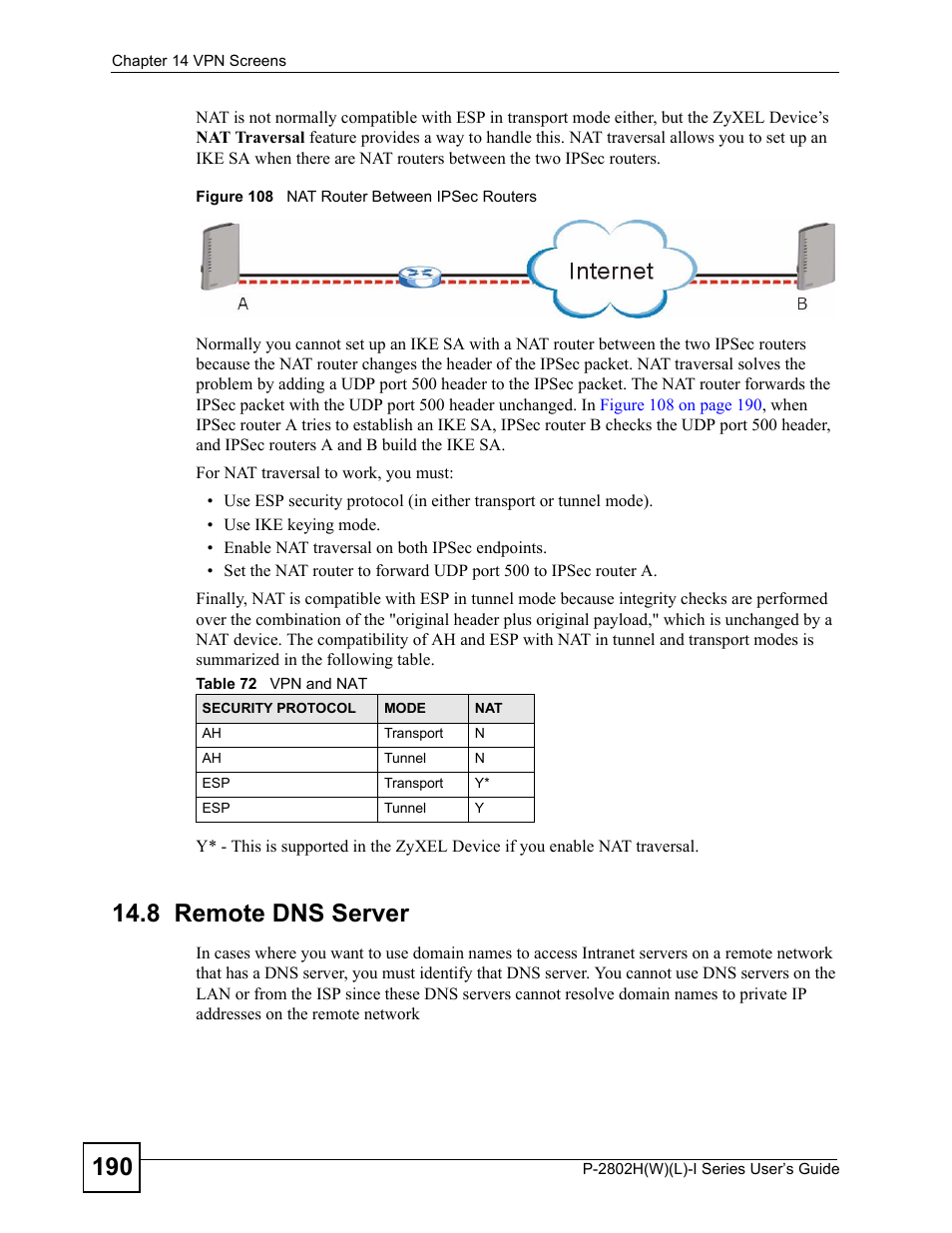 8 remote dns server, Figure 108 nat router between ipsec routers, Table 72 vpn and nat | ZyXEL Communications P-2802H(W)(L)-I Series User Manual | Page 190 / 418