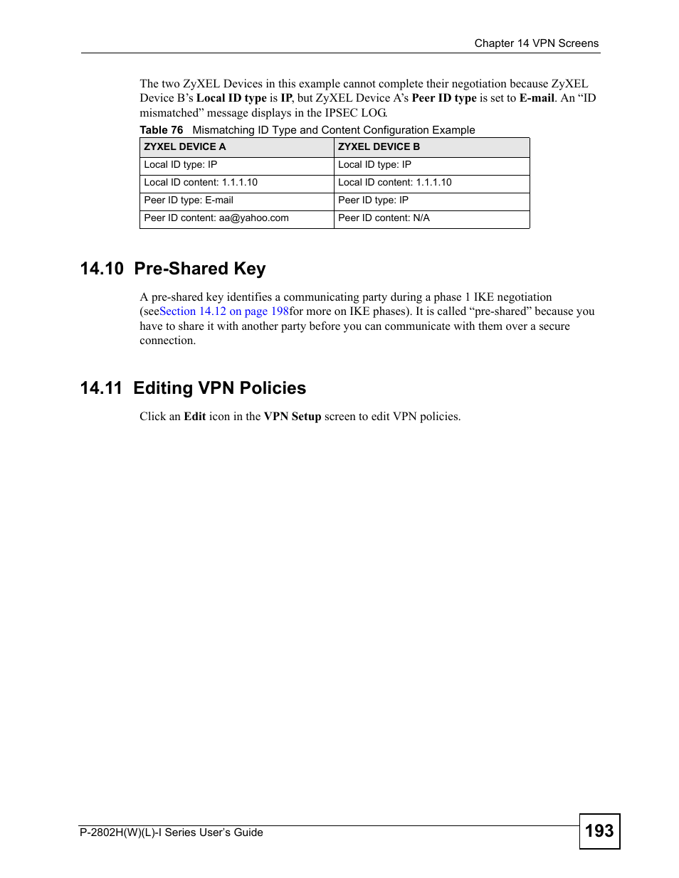 10 pre-shared key, 11 editing vpn policies, 10 pre-shared key 14.11 editing vpn policies | ZyXEL Communications P-2802H(W)(L)-I Series User Manual | Page 193 / 418