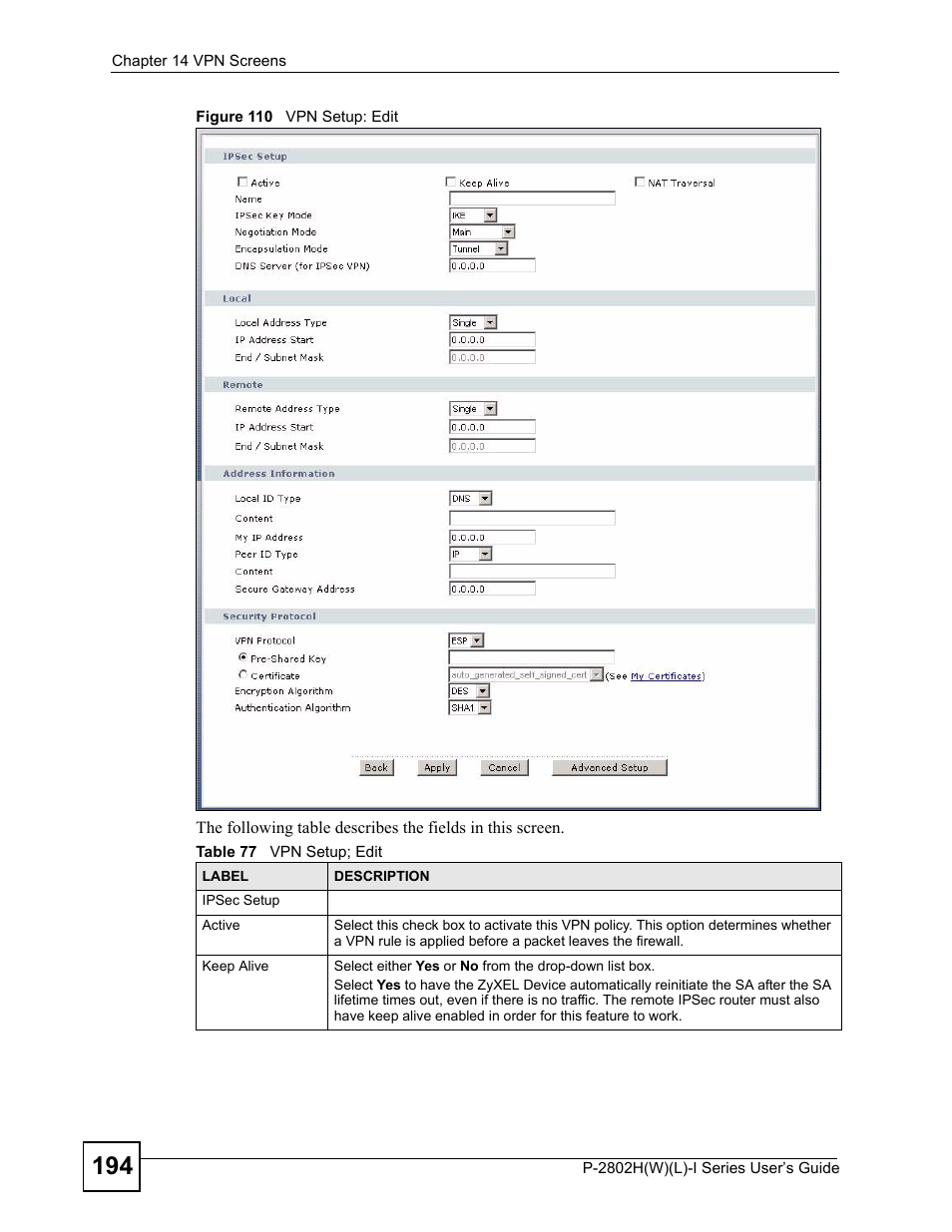 Figure 110 vpn setup: edit, Table 77 vpn setup; edit | ZyXEL Communications P-2802H(W)(L)-I Series User Manual | Page 194 / 418