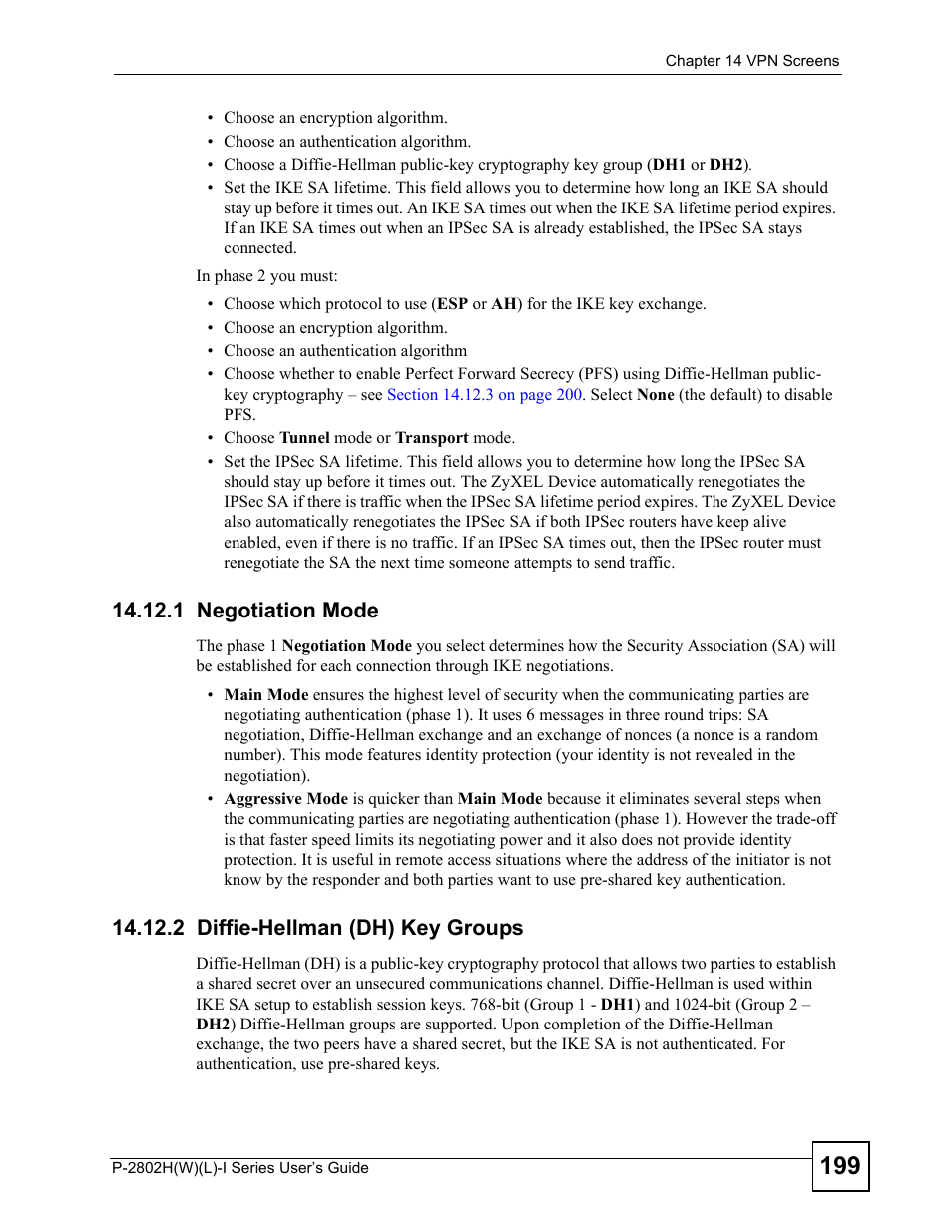 1 negotiation mode, 2 diffie-hellman (dh) key groups, Ith aggressive negotiation mode (see | ZyXEL Communications P-2802H(W)(L)-I Series User Manual | Page 199 / 418