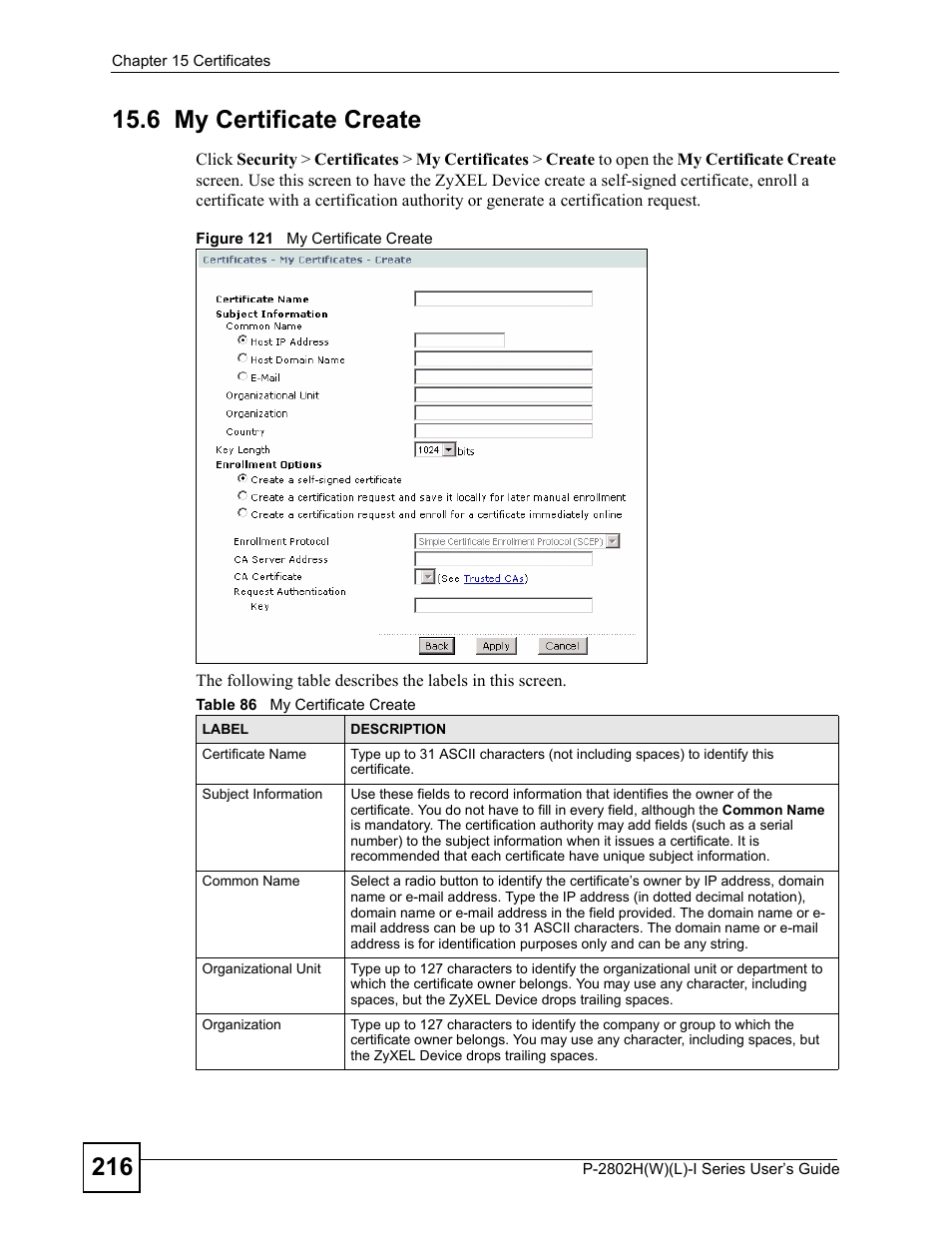 6 my certificate create, Figure 121 my certificate create, Table 86 my certificate create | ZyXEL Communications P-2802H(W)(L)-I Series User Manual | Page 216 / 418