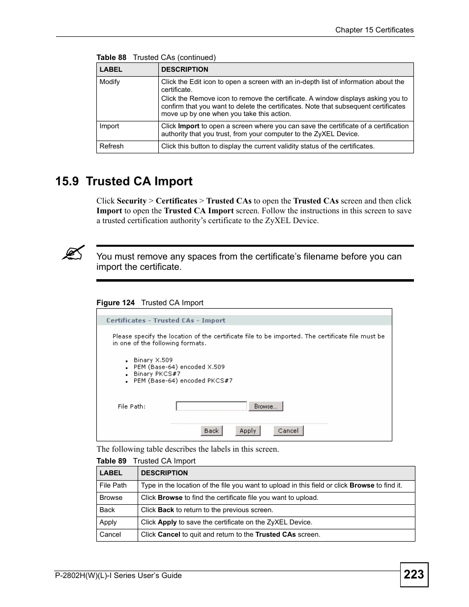 9 trusted ca import, Figure 124 trusted ca import, Table 89 trusted ca import | ZyXEL Communications P-2802H(W)(L)-I Series User Manual | Page 223 / 418