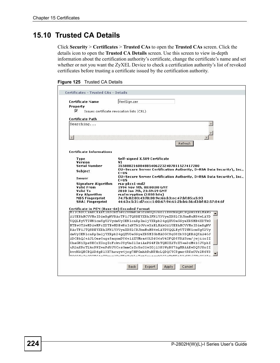 10 trusted ca details, Figure 125 trusted ca details | ZyXEL Communications P-2802H(W)(L)-I Series User Manual | Page 224 / 418