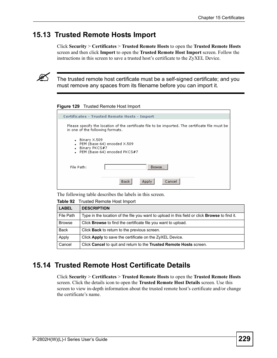 13 trusted remote hosts import, 14 trusted remote host certificate details, Figure 129 trusted remote host import | Table 92 trusted remote host import | ZyXEL Communications P-2802H(W)(L)-I Series User Manual | Page 229 / 418