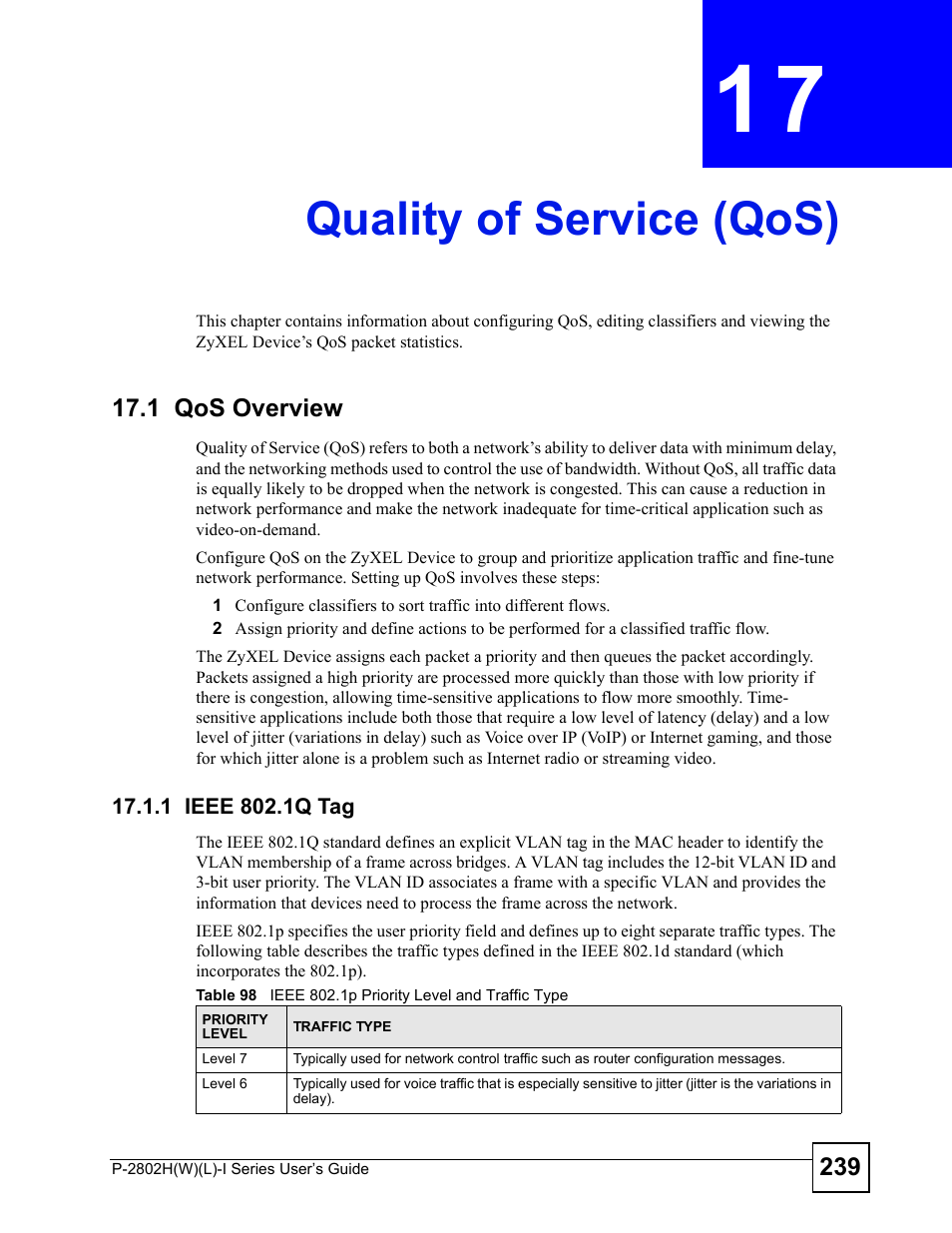 Quality of service (qos), 1 qos overview, 1 ieee 802.1q tag | Chapter 17 quality of service (qos), Quality of service (qos) (239) | ZyXEL Communications P-2802H(W)(L)-I Series User Manual | Page 239 / 418