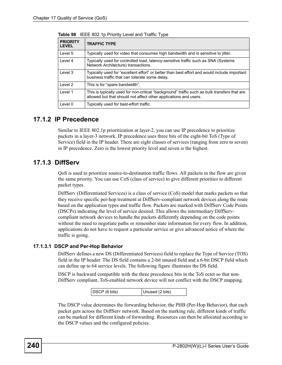 2 ip precedence, 3 diffserv, 2 ip precedence 17.1.3 diffserv | ZyXEL Communications P-2802H(W)(L)-I Series User Manual | Page 240 / 418