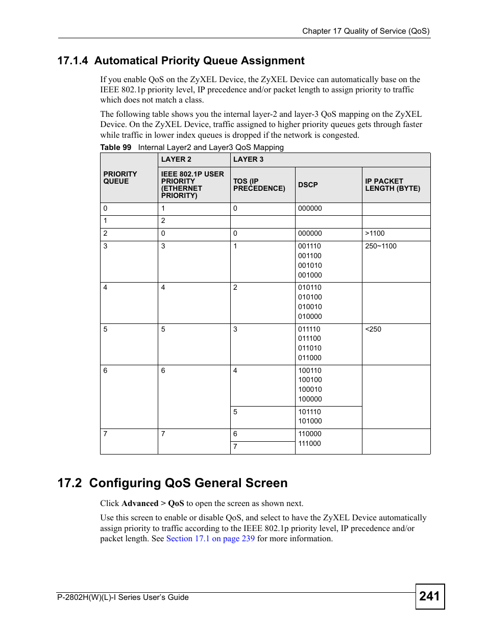 4 automatical priority queue assignment, 2 configuring qos general screen, Table 99 internal layer2 and layer3 qos mapping | ZyXEL Communications P-2802H(W)(L)-I Series User Manual | Page 241 / 418