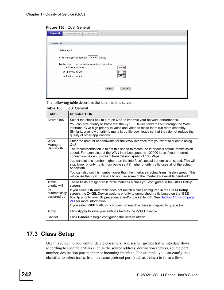 3 class setup, Figure 136 qos: general, Table 100 qos: general | ZyXEL Communications P-2802H(W)(L)-I Series User Manual | Page 242 / 418