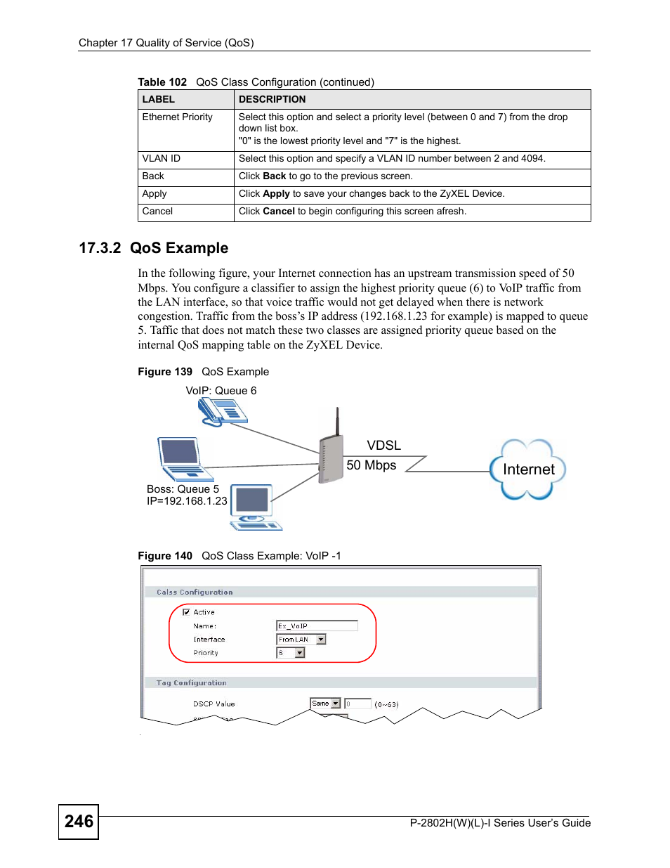 2 qos example, Internet | ZyXEL Communications P-2802H(W)(L)-I Series User Manual | Page 246 / 418