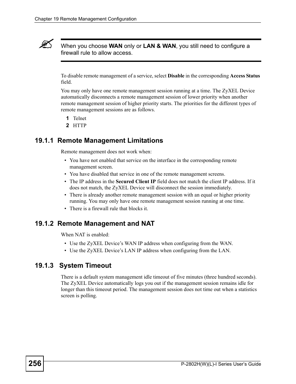 1 remote management limitations, 2 remote management and nat, 3 system timeout | ZyXEL Communications P-2802H(W)(L)-I Series User Manual | Page 256 / 418