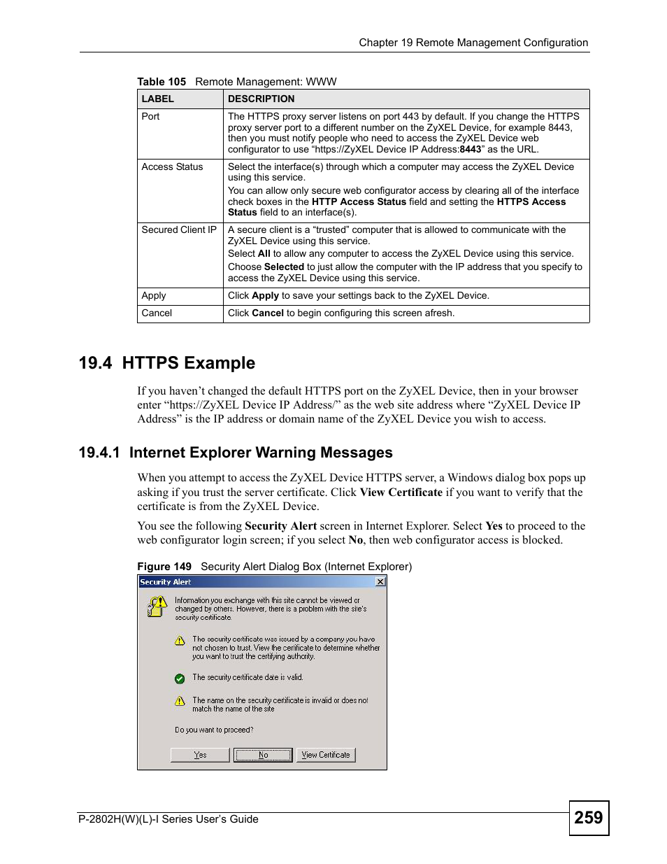 4 https example, 1 internet explorer warning messages | ZyXEL Communications P-2802H(W)(L)-I Series User Manual | Page 259 / 418