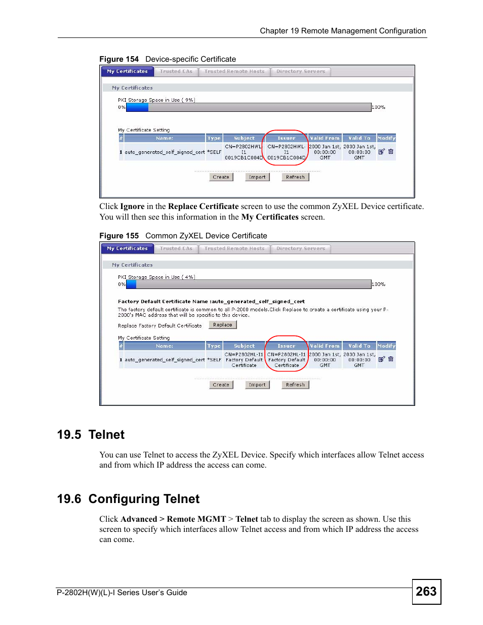 5 telnet, 6 configuring telnet, 5 telnet 19.6 configuring telnet | ZyXEL Communications P-2802H(W)(L)-I Series User Manual | Page 263 / 418