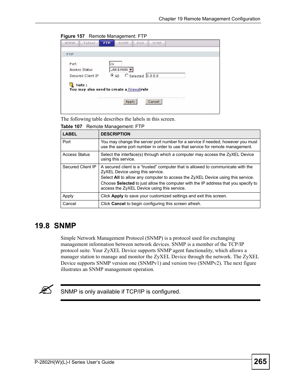 8 snmp, Figure 157 remote management: ftp, Table 107 remote management: ftp | ZyXEL Communications P-2802H(W)(L)-I Series User Manual | Page 265 / 418