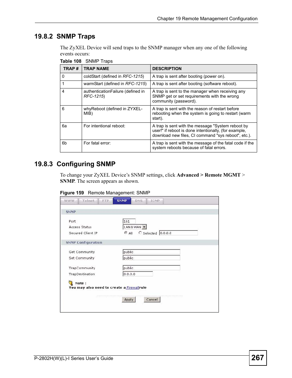 2 snmp traps, 3 configuring snmp, 2 snmp traps 19.8.3 configuring snmp | Figure 159 remote management: snmp, Table 108 snmp traps | ZyXEL Communications P-2802H(W)(L)-I Series User Manual | Page 267 / 418